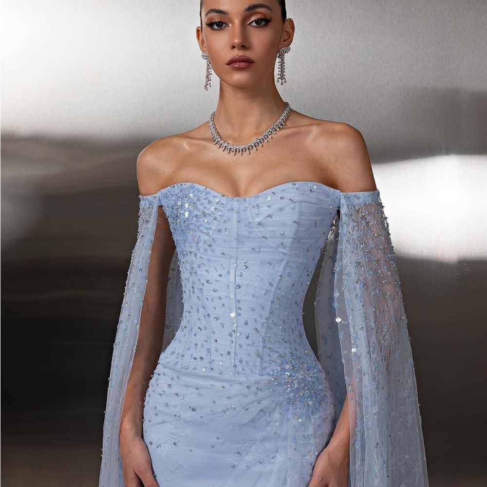 Custom Emirati Designer Blue Off-Shoulder Evening Gown, Size S